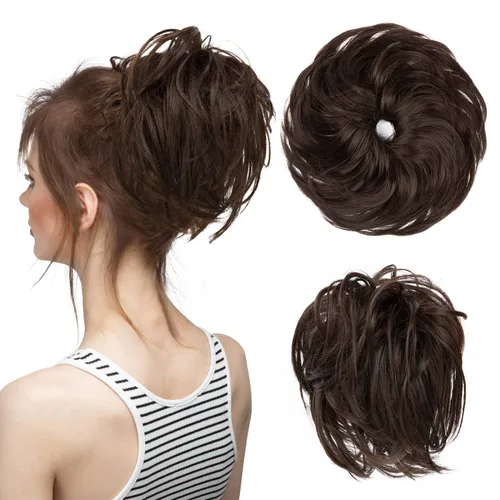 Miniatura 8 de CJL HAIR - Extensión de cabello tipo coletero de chongo desordenado, rizado, sintético, con colas rectas, scrunchies para peinados de moño