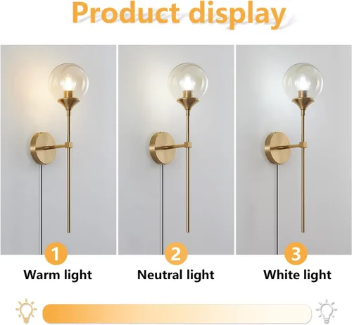 Miniatura 8 de KCO Lighting Mid-Century - Juego de 2 apliques de pared con cable de cristal dorado, lámparas de pared modernas industriales de brazo largo