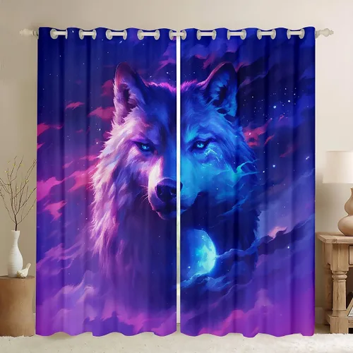 Gothic Wolf Blackout Curtains for Bedroom Sun and Moon Galaxy Curtains for Living Room,Goth Woodland Animals Curtains & Drapes 2 Panels Azul Púrpura