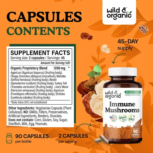 Miniatura 3 de Wild & Organic Cápsulas de complejo de hongos inmunes – 8 suplementos de mezcla de hongos para apoyo inmunológico con cola de pavo, polvo de chaga