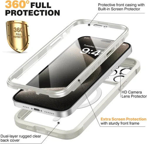 Miniatura 392 de Diaclara Funda diseñada para iPhone 16, mejorada [protección completa de la cámara], carcasa resistente de cuerpo completo con protector de pantalla