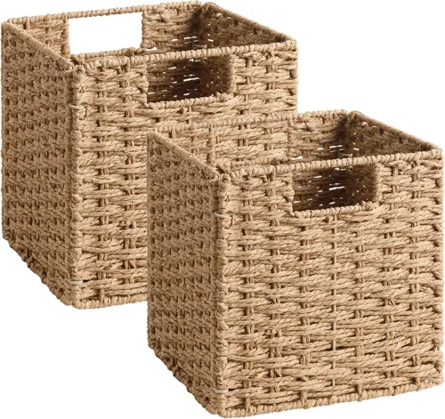 Miniatura 9 de StorageWorks Cestas de mimbre de 11 pulgadas, cubos de almacenamiento tejidos a mano con asas, cesta plegable de cuerda de papel para organizar