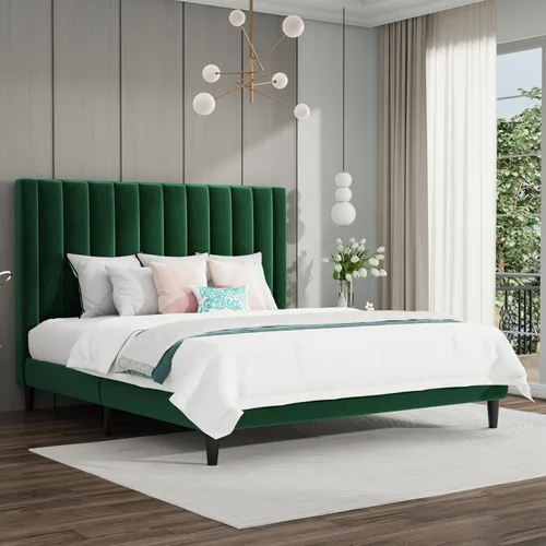 Miniatura 17 de SHA CERLIN - Base de cama tapizada de terciopelo tamaño completo con cabecero/Base de cama tapizada de plataforma con cabecero/Soporte de listones