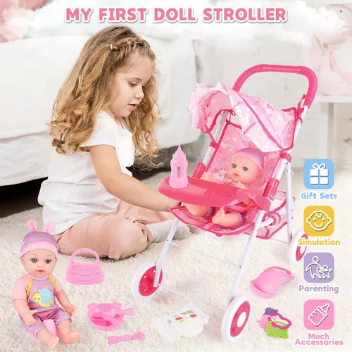 Miniatura 2 de deAO Juego de cochecito de muñeca de bebé de 12 pulgadas con cochecito de muñeca plegable, 15 piezas, accesorios para muñecas de bebé para niños