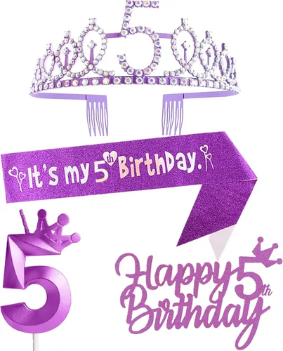 Miniatura 7 de Decoraciones de cumpleaños número 7 para niña, que incluyen corona/tiara de cumpleaños número 7, banda, adorno para pastel de cumpleaños y velas