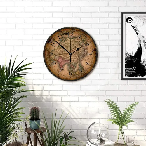 Miniatura 5 de Reloj de pared de madera de 15 pulgadas, ligero, ligero, estilo vintage, mapa del viejo mundo, reloj de madera redondo, estilo antiguo