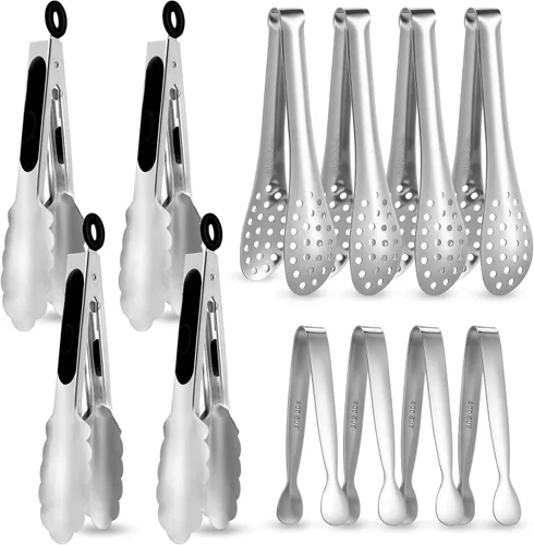Miniatura 9 de Chengu Paquete de 12 pinzas de cocina de acero inoxidable de 7/9/12 pulgadas, pinzas antiadherentes para cocina, barbacoa, bufé, boda, reunión Negro