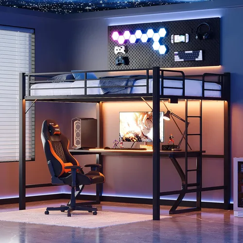 Miniatura 10 de VINGLI - Estructura de cama alta de metal de tamaño individual para niños, adolescentes y adultos con escritorio debajo, 2 estaciones de carga