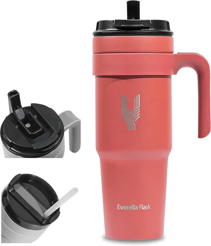 Vaso 1.0 con asa, vaso de acero inoxidable de 40 onzas con aislamiento al vacío con tapa 2 en 1 a prueba de fugas y popote para agua, café o té,