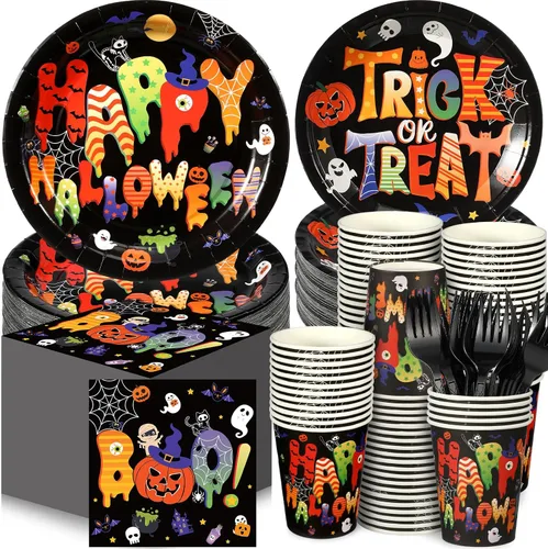 Miniatura 8 de Sliner 180 piezas de suministros para fiesta de Halloween, platos, servilletas, vasos, servir, 30 platos desechables de Halloween, platos de postre