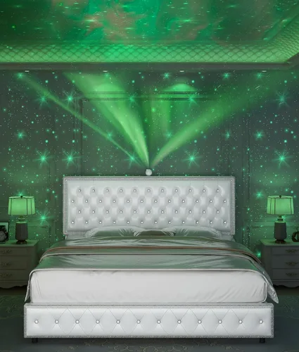 Miniatura 7 de Base de cama de plataforma tapizada tamaño Queen con cabecera LED, proyector de estrellas integrado y cabecera ajustable, no necesita somier, fácil