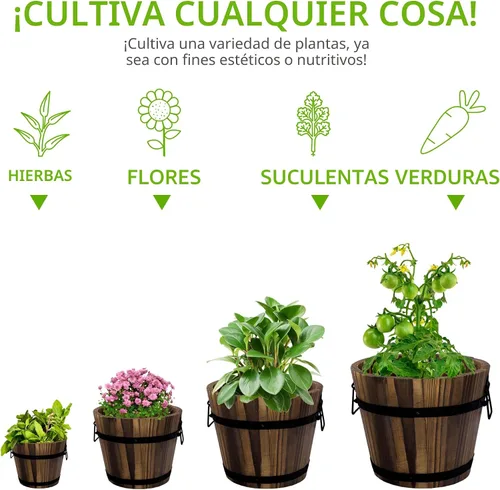 Miniatura 5 de Adnee Paquete de 4 Macetas de Barril de Whisky de Madera - Juego de Macetas de Jardín de Barril de Cubo de Madera de 4 Tamaños - Macetas Rústicas