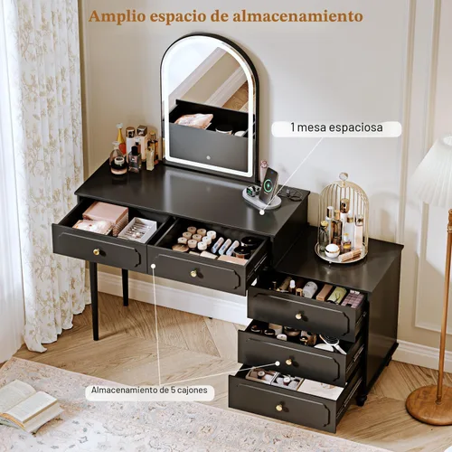 Miniatura 2 de Ieejdn Negro, Escritorio de tocador con espejo y luces, Tocador de maquillaje con toma de corriente y gabinete ajustable, Mesa de maquillaje moderna