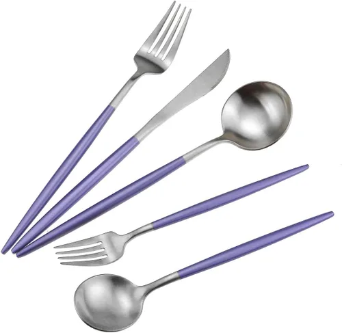 Miniatura 2 de Juego de cubiertos de lujo, 20 piezas de acero inoxidable 18/10 con mango morado mate para 4 personas, incluyendo tenedores, cucharas, cuchillos