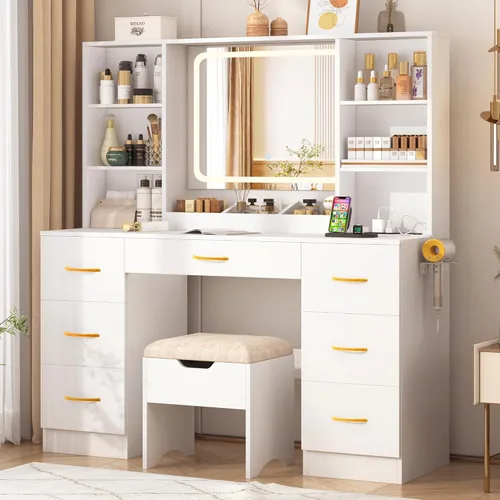 Miniatura 6 de chartustriable Escritorio grande de tocador de 47 pulgadas con 7 cajones, taburete acolchado, tomacorriente, 6 estantes, juego de mesa de tocador