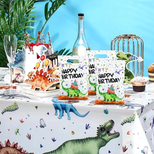 Miniatura 7 de Colarr 50 bolsas de plástico para recuerdos de fiesta de dinosaurios, bolsas de regalo de dinosaurio, bolsas de cumpleaños de dinosaurios con asa