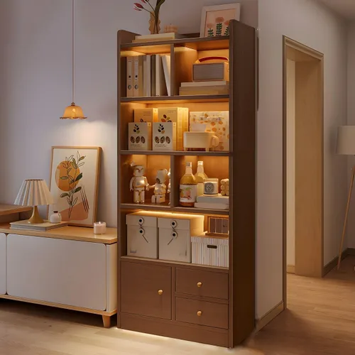 Miniatura 11 de Estantería moderna con cajones y armario de almacenamiento de madera con parte trasera cerrada, estantería independiente para oficina en casa, sin