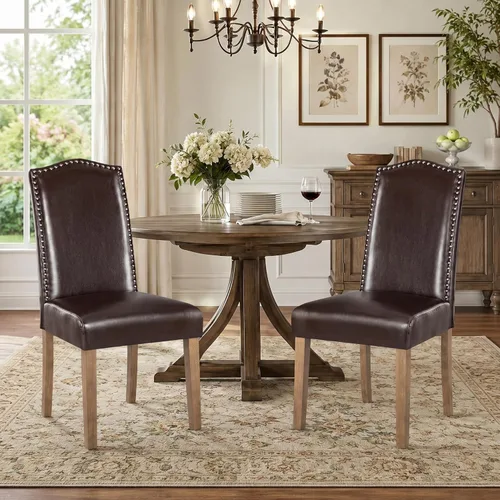 Miniatura 15 de Silla de comedor tapizada moderna y elegante Parsons con respaldo alto con ribete plateado de cabeza de clavo y patas de madera, juego de 2, tela
