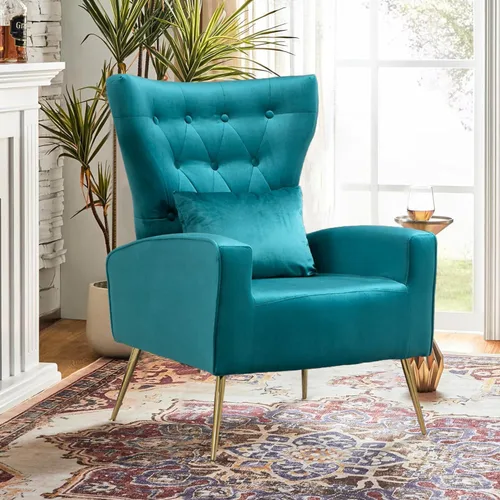 Miniatura 37 de Sillas decorativas de terciopelo con respaldo de ala y almohada lumbar, sillón moderno para sala de estar, dormitorio, silla auxiliar de recepción