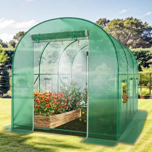 Invernadero al aire libre de 12 x 7 x 7 pies con puerta mosquitera con doble cremallera, puertas individuales, casas verdes para exteriores