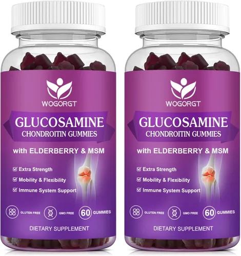 WOGORGT Gomitas de condroitina de glucosamina para mujeres y hombres, 1500 mg de glucosamina condroitina con MSM y saúco, flexibilidad y apoyo