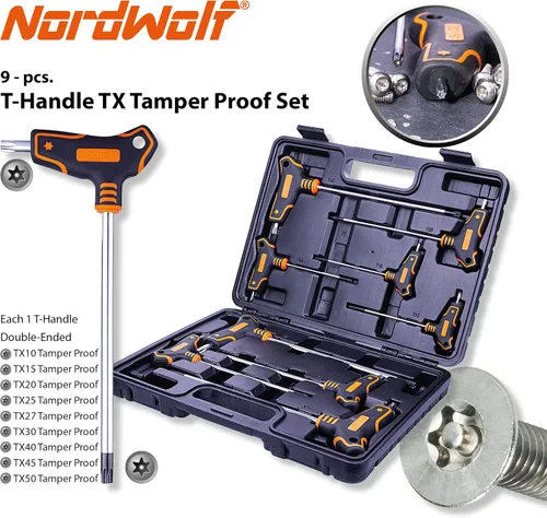 Miniatura 2 de NordWolf Juego de llaves Torx con mango en T de 9 piezas, llaves de estrella de seguridad de brazo largo de acero S2, tamaños T10 a T50 en caja
