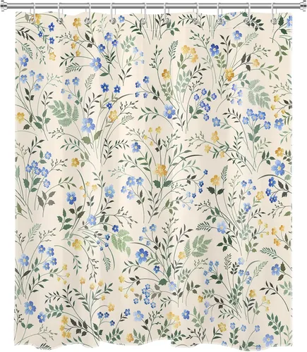 Miniatura 2 de LB Cortina de Ducha Decorativa de Flores Silvestres del Campo, Flores Azules y Amarillas con Planta de Hojas Verdes sobre Beige, Cortina de Ducha