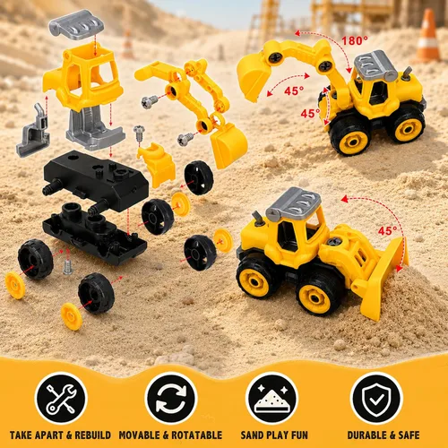 Miniatura 3 de Carolart Contenedor sensorial de construcción, juego de arena de tractor, caja de arena de construcción con camión de juguete, arena y letreros, kit