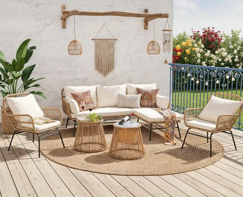 Miniatura 10 de NICESOUL Juego de 3 muebles de patio al aire libre en forma de L estilo bohemio con cómodo cojín de 2 pulgadas de grosor, respaldo alto, capacidad