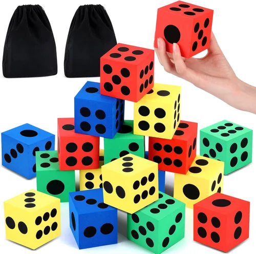 Meooeck Paquete de 18 dados grandes de espuma de 2.48 pulgadas, coloridos dados jumbo con bolsa de almacenamiento para actividades educativas en el