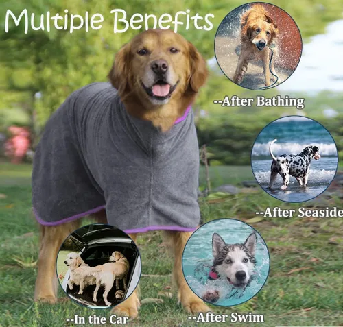 Miniatura 2 de Abrigo de secado para perros – Toalla de secado rápido para perros – Albornoz de microfibra súper absorbente para mascotas, cuello ajustable y Gris