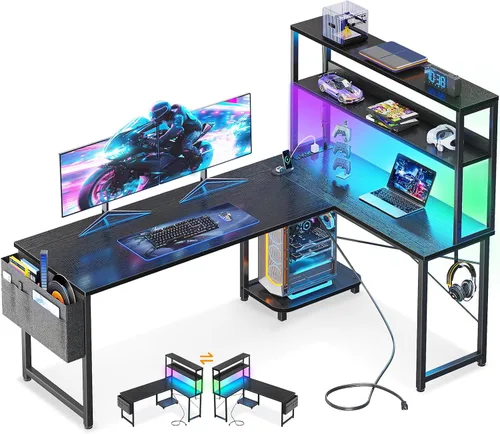 Casaottima Escritorio para juegos de 61 pulgadas con tomas de corriente y luces LED, escritorio reversible en forma de L con estantes y bolsa de