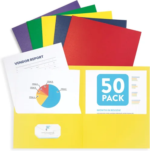Blue Summit Supplies 50 carpetas de papel de dos bolsillos a granel, diseñadas para uso en la oficina y el aula, 5 colores surtidos, paquete de 50