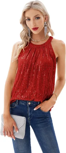 Miniatura 3 de GRACE KARIN Camisetas halter de lentejuelas para mujer, sin mangas, brillantes, fruncidas, fluidas, brillantes, para club, camisa de fiesta