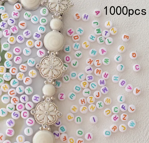Miniatura 2 de ToBeIT 1000 cuentas de letras acrílicas de color redondo del alfabeto para hacer joyas, pulseras, collares (color blanco)