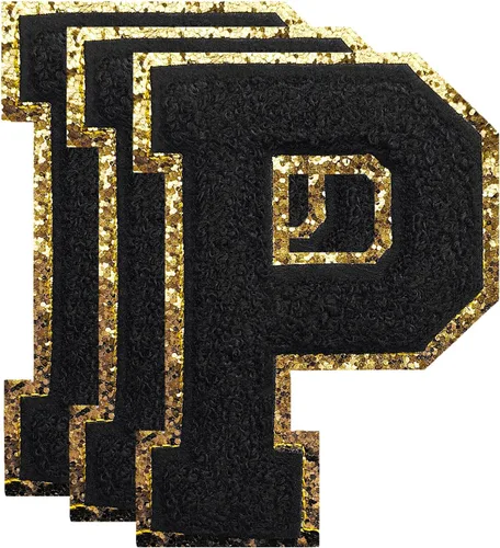 Miniatura 36 de 3 parches de números de chenilla negra, tamaño grande de 4-1/2" parches de números para planchar, parches universitarios para ropa, 8" Borde oro rosa