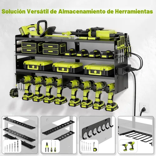 Miniatura 3 de POKIPO Organizador grande de herramientas eléctricas de montaje en pared con estación de carga, 4 capas de metal resistente para almacenamiento