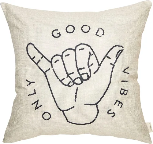 Fahrendom Good Vibes Only Aloha Hand Gesture Hang Hand Symbol Motivacional Sign Cotton Linen Home Funda de cojín decorativa con palabras para sofá