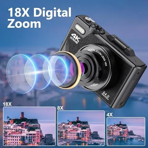 Miniatura 6 de Zunate Zunateyk6vg30wnx-12 - Cámara digital retro de 64 MP, cámara de vlogging 4K UHD vintage con zoom de 18X, enfoque automático, pantalla abatible
