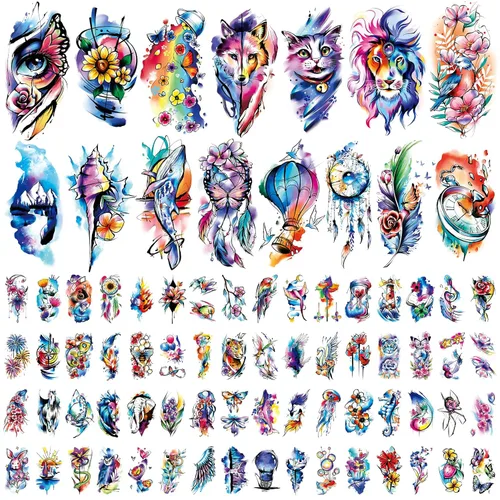 Cerlaza 79 hojas de tatuajes temporart realistas para adultos y niños, coloridos tatuajes falsos impermeables con león, gato, conejo, mariposa,