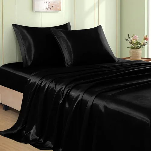 Miniatura 21 de VACVELT Juego de 3 sábanas de satén color beige tamaño individual, juego de ropa de cama, sábana bajera de satén sedoso con bolsillo profundo de 15