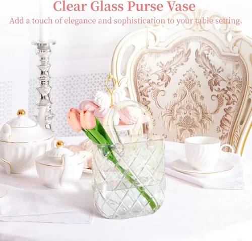 Miniatura 2 de Glass Handbag Vase For Flowers, Iridescent Decorative Glass Centerpiece With Handle, Unique Flower Holder For Table Décor