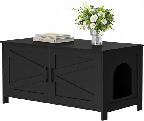 Miniatura 20 de Caja de arena para gatos Homhedy, mueble de baño de madera para gatos con puerta de granero, casa para mascotas, se adapta a la mayoría de las cajas