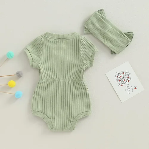 Miniatura 31 de Traje de verano para niña pequeña, de manga corta, acanalado, overol liso, pantalones cortos, ropa para recién nacidos