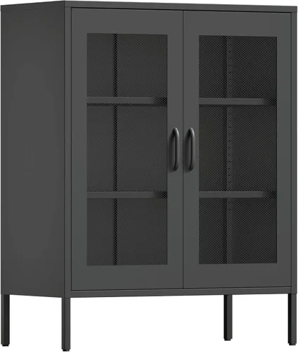 COFaR Armario de almacenamiento de metal con puertas de malla, armario de metal negro con estantes, soporte corto de TV para barra de café, aparador