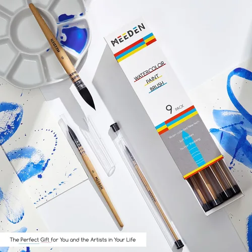 Miniatura 7 de MEEDEN Pinceles de acuarela profesionales – Paquete de 9 pinceles sintéticos de ardilla para artistas con mango de madera de haya, ideal