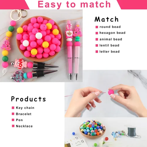Miniatura 5 de Sunrony 70 cuentas de silicona para hacer collares, cuentas redondas de silicona a granel de 0.59 pulgadas para bolígrafos (rosa intenso)