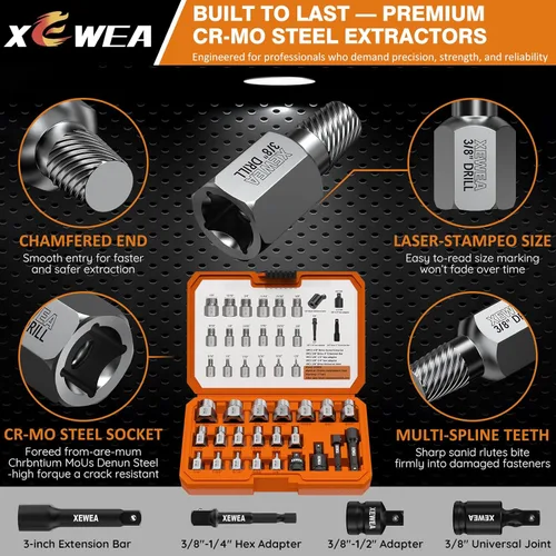 Miniatura 6 de XEWEA Juego de 22 extractores de tornillos de accionamiento de 3/8 pulgadas, kit de extracción de pernos multilínea fácil de sacar para pernos rotos