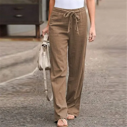 Miniatura 2 de Sharemen Pantalones de verano para mujer, de algodón, cómodos, de lino, con bolsillos, elásticos, casuales, pantalones largos de cintura alta
