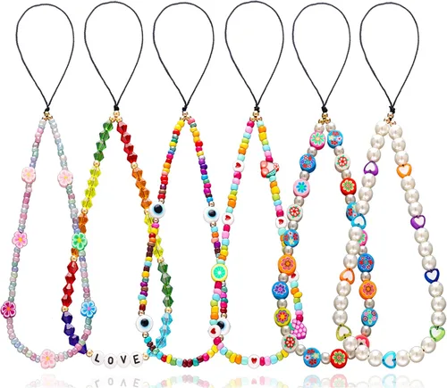 Miniatura 15 de 6 dijes con cuentas para teléfono, correas con cuentas de frutas, estrellas, perlas falsas y arcoíris, cadenas de teléfono con cuentas para cámara